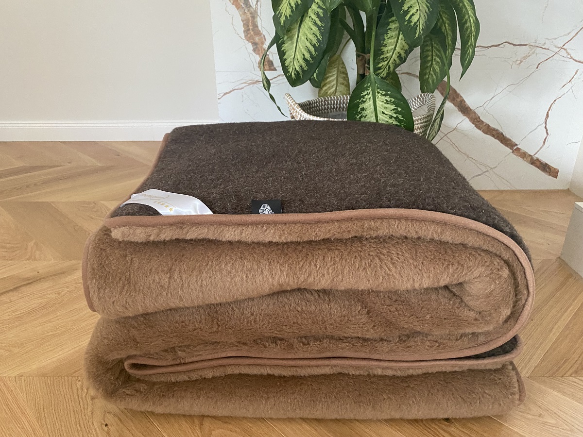 KOŁDRA Z WEŁNY MERYNOS SYBERIA DZIKI BRĄZ + CAMEL CIEMNY 200x200
