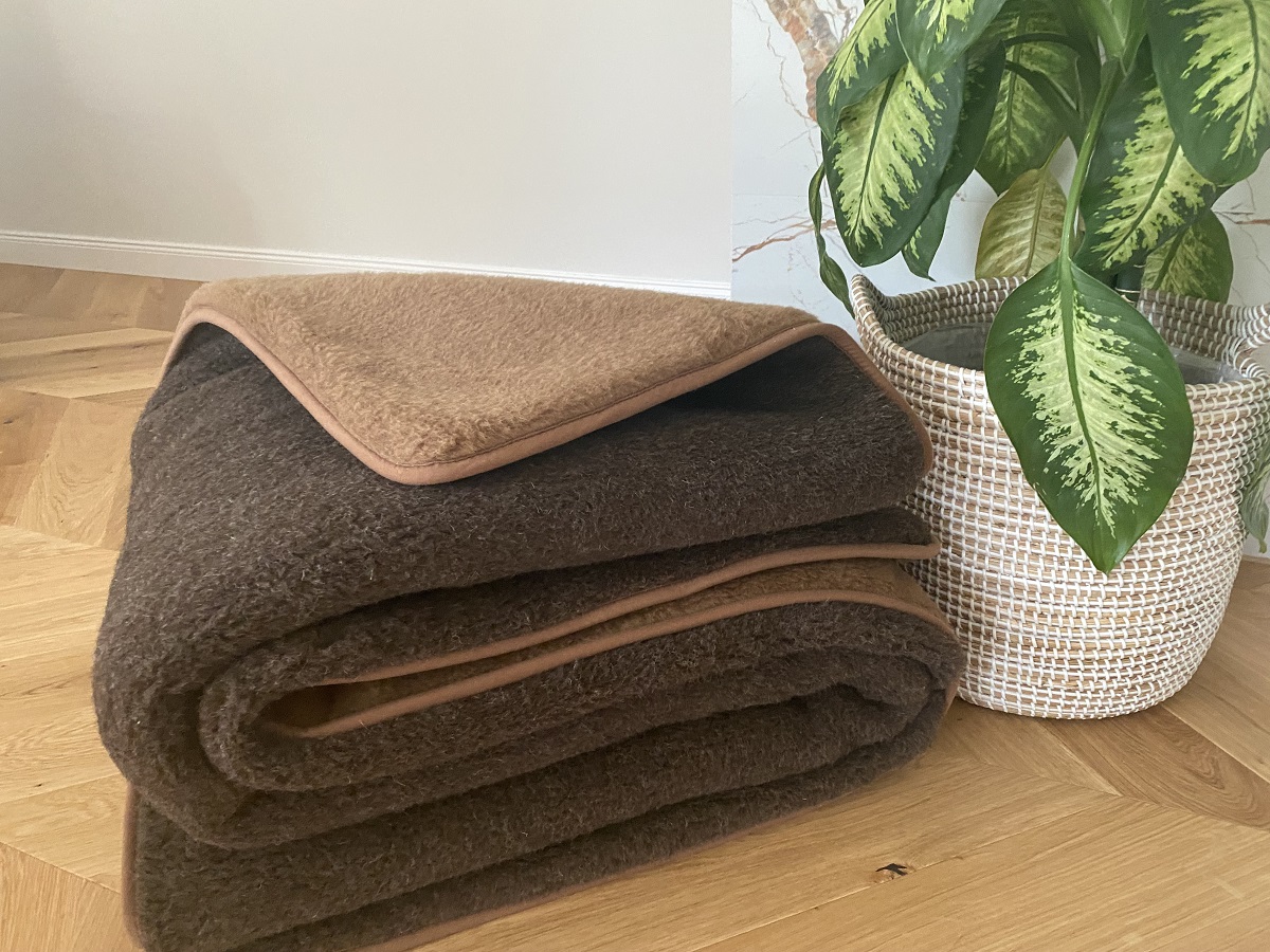 KOŁDRA Z WEŁNY MERYNOS SYBERIA DZIKI BRĄZ + CAMEL CIEMNY 200x200