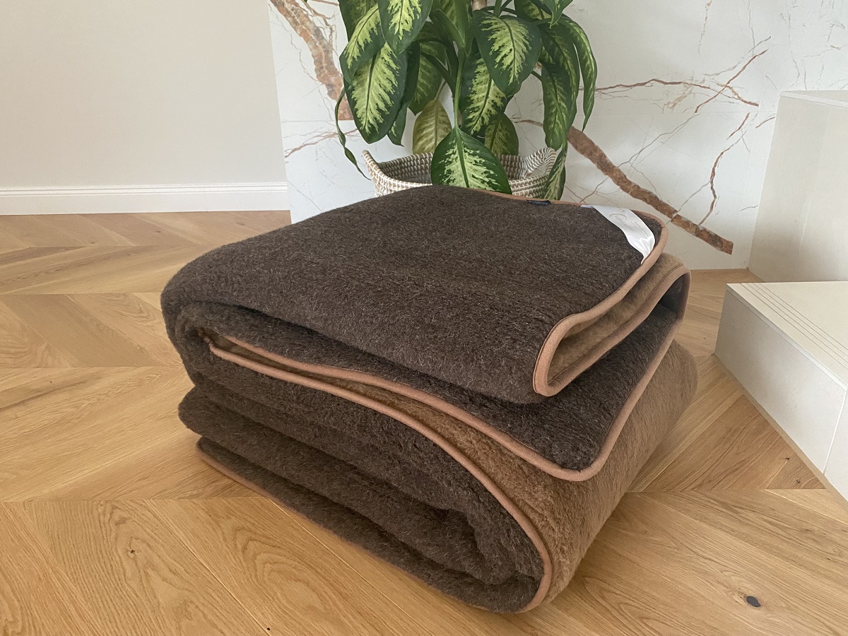 KOŁDRA Z WEŁNY MERYNOS SYBERIA DZIKI BRĄZ + CAMEL CIEMNY 200x200