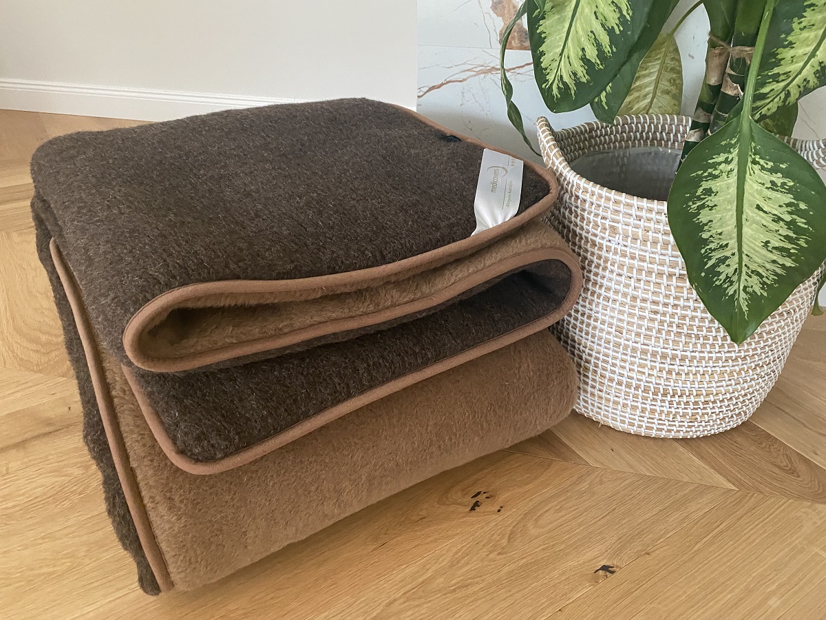KOŁDRA Z WEŁNY MERYNOS SYBERIA DZIKI BRĄZ + CAMEL CIEMNY 200x200