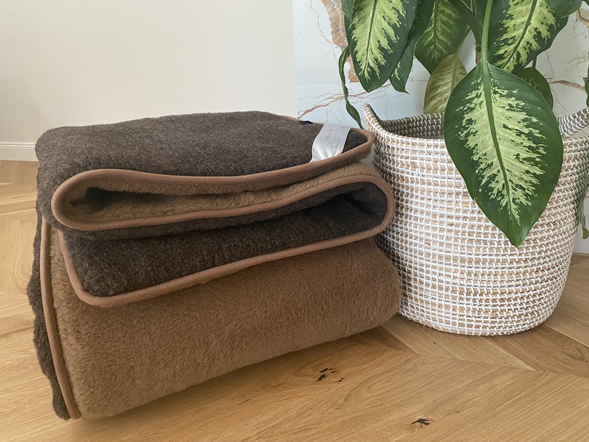 KOŁDRA Z WEŁNY MERYNOS SYBERIA DZIKI BRĄZ + CAMEL CIEMNY 200x200