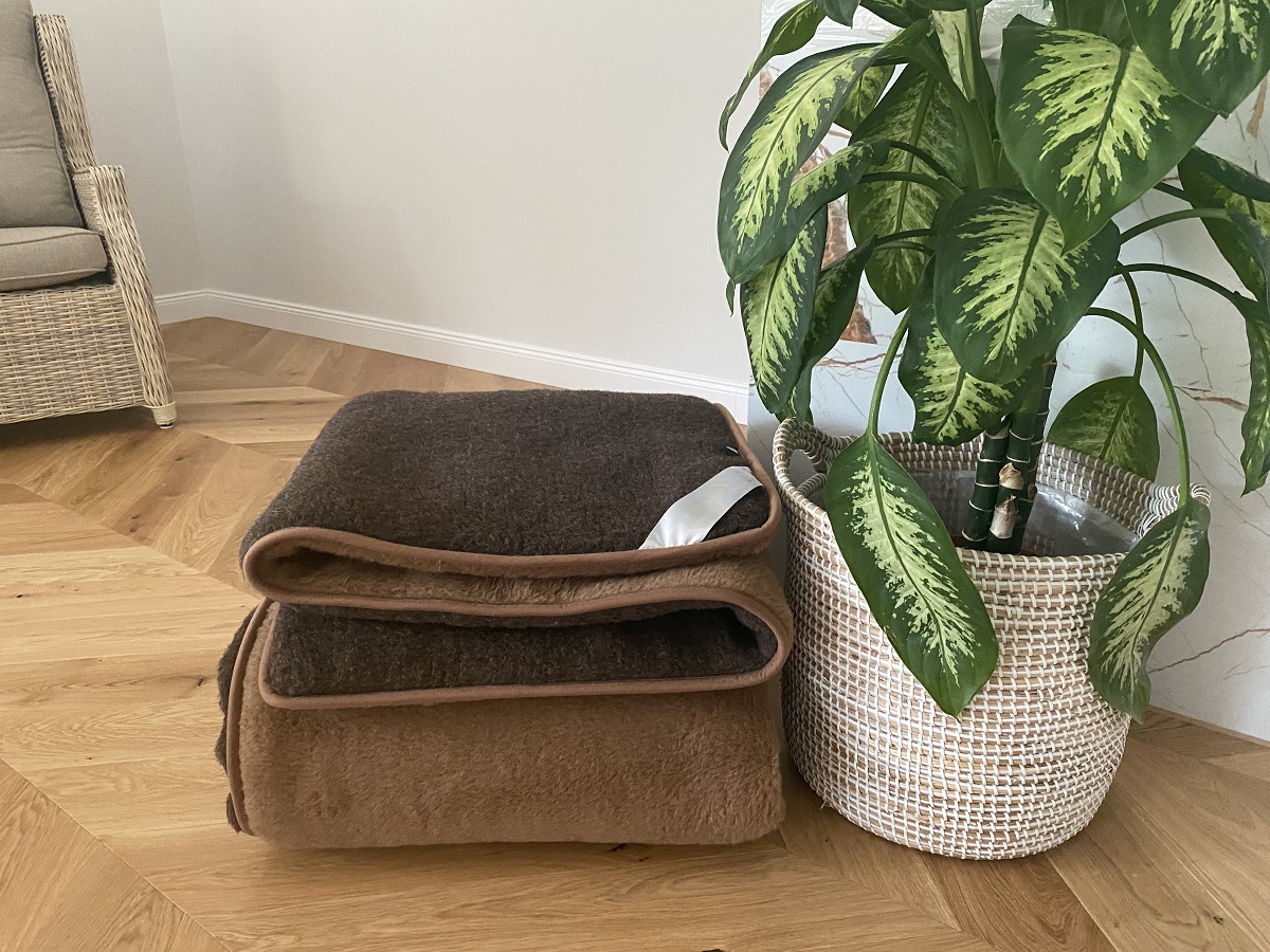 KOŁDRA Z WEŁNY MERYNOS SYBERIA DZIKI BRĄZ + CAMEL CIEMNY 200x200