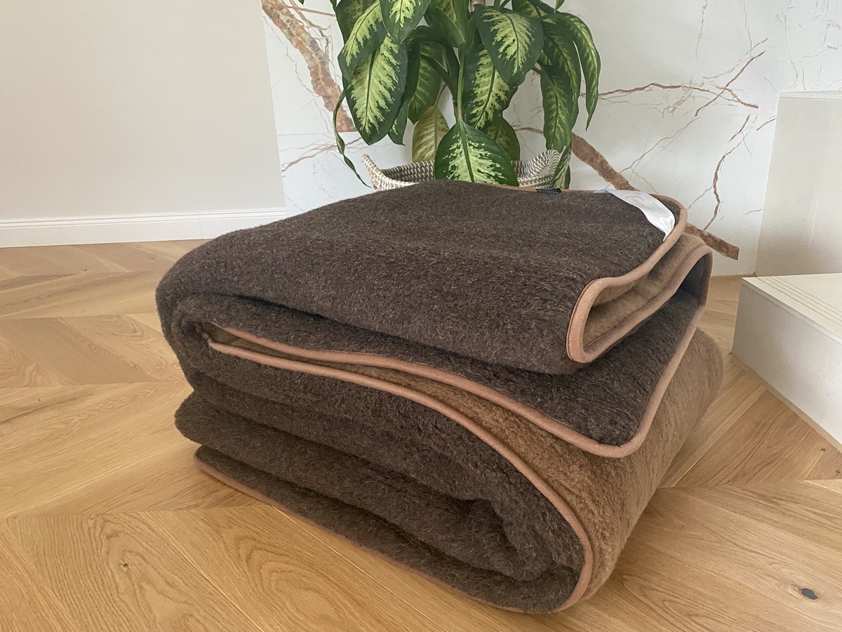 KOŁDRA Z WEŁNY MERYNOS SYBERIA DZIKI BRĄZ + CAMEL CIEMNY 200x200
