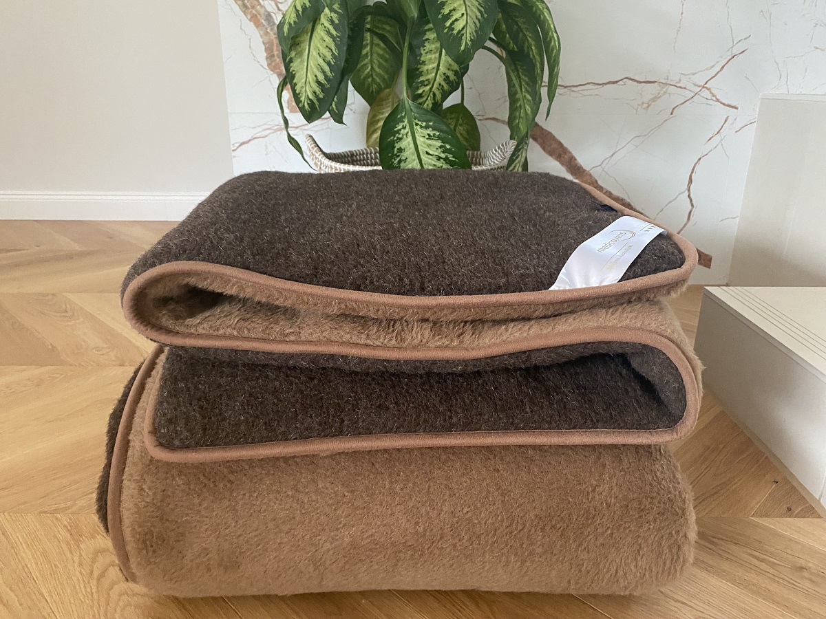 KOŁDRA Z WEŁNY MERYNOS SYBERIA DZIKI BRĄZ + CAMEL CIEMNY 200x200