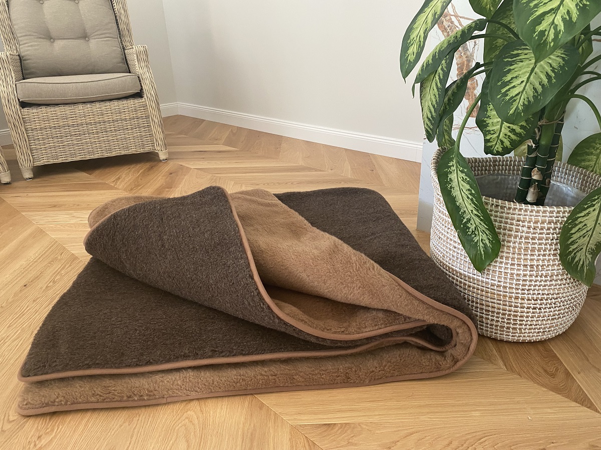 KOŁDRA Z WEŁNY MERYNOS SYBERIA DZIKI BRĄZ + CAMEL CIEMNY 200x200