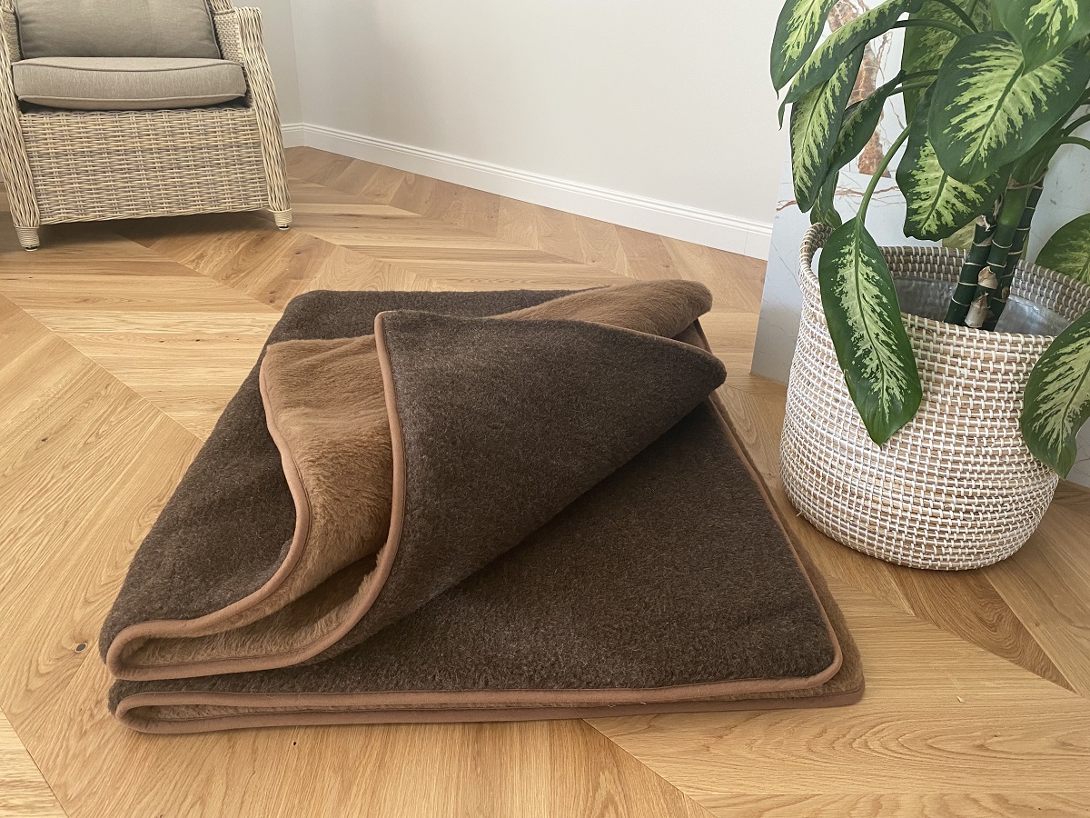 KOŁDRA Z WEŁNY MERYNOS SYBERIA DZIKI BRĄZ + CAMEL CIEMNY 200x200