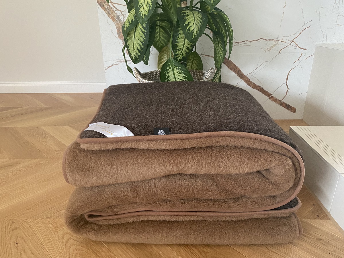 KOŁDRA Z WEŁNY MERYNOS SYBERIA DZIKI BRĄZ + CAMEL CIEMNY 200x200