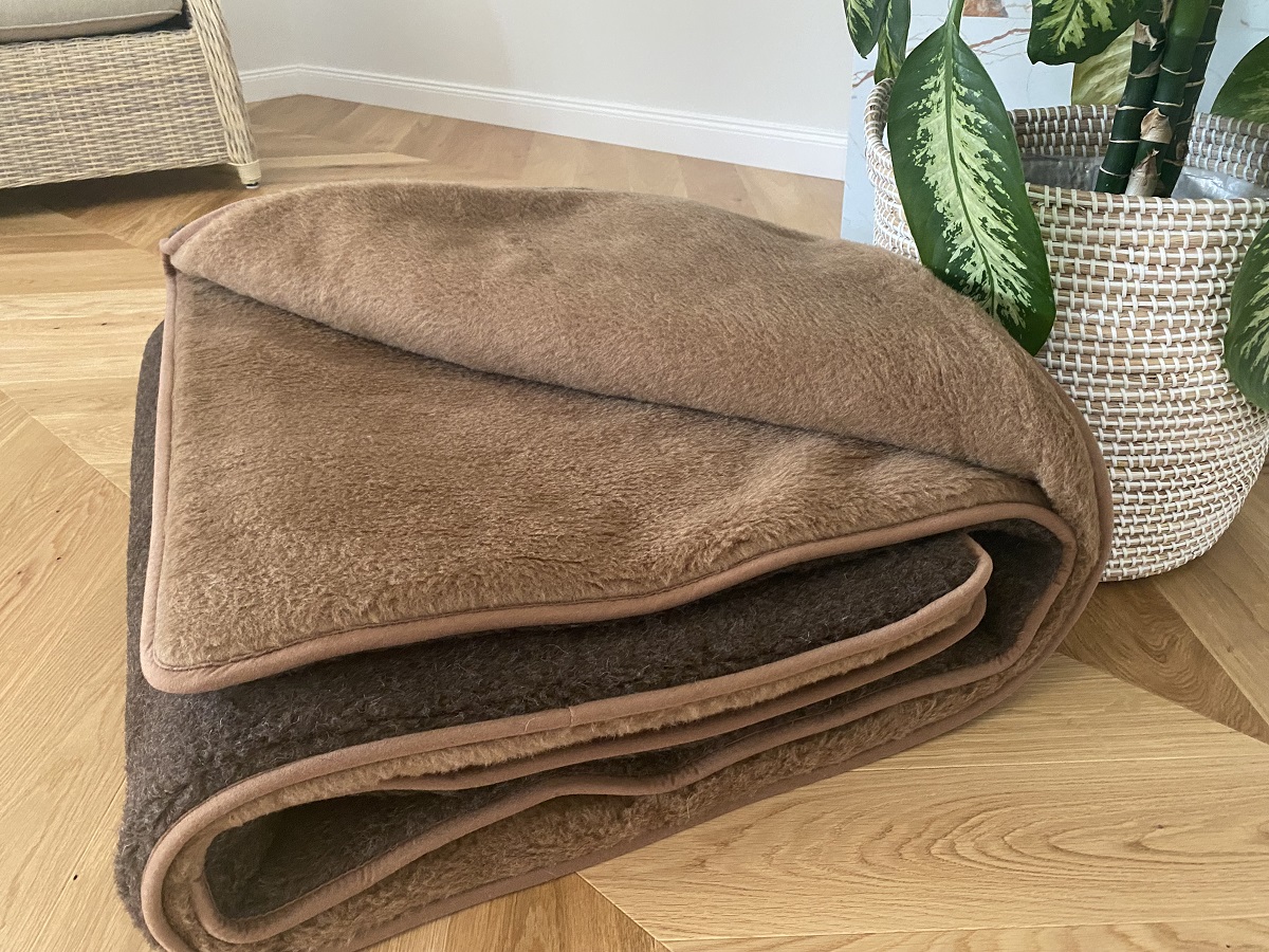 KOŁDRA Z WEŁNY MERYNOS SYBERIA DZIKI BRĄZ + CAMEL CIEMNY 200x200