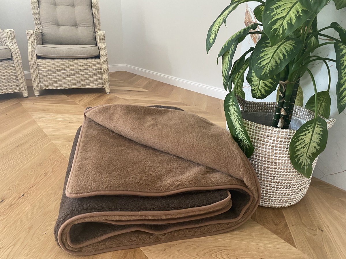 KOŁDRA Z WEŁNY MERYNOS SYBERIA DZIKI BRĄZ + CAMEL CIEMNY 200x200