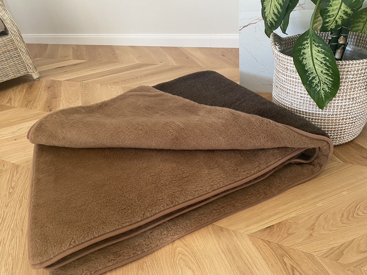 KOŁDRA Z WEŁNY MERYNOS SYBERIA DZIKI BRĄZ + CAMEL CIEMNY 200x200