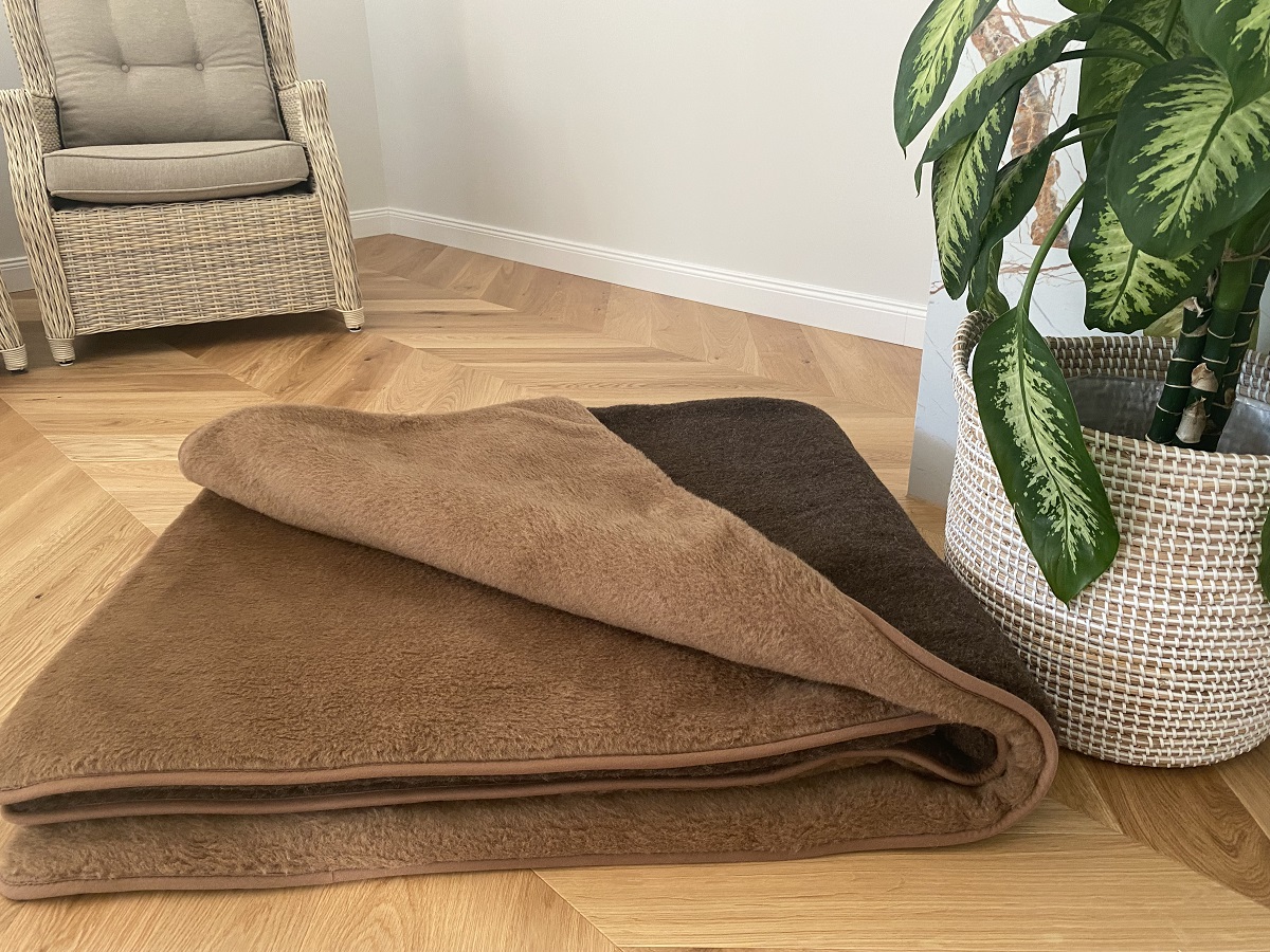 KOŁDRA Z WEŁNY MERYNOS SYBERIA DZIKI BRĄZ + CAMEL CIEMNY 200x200
