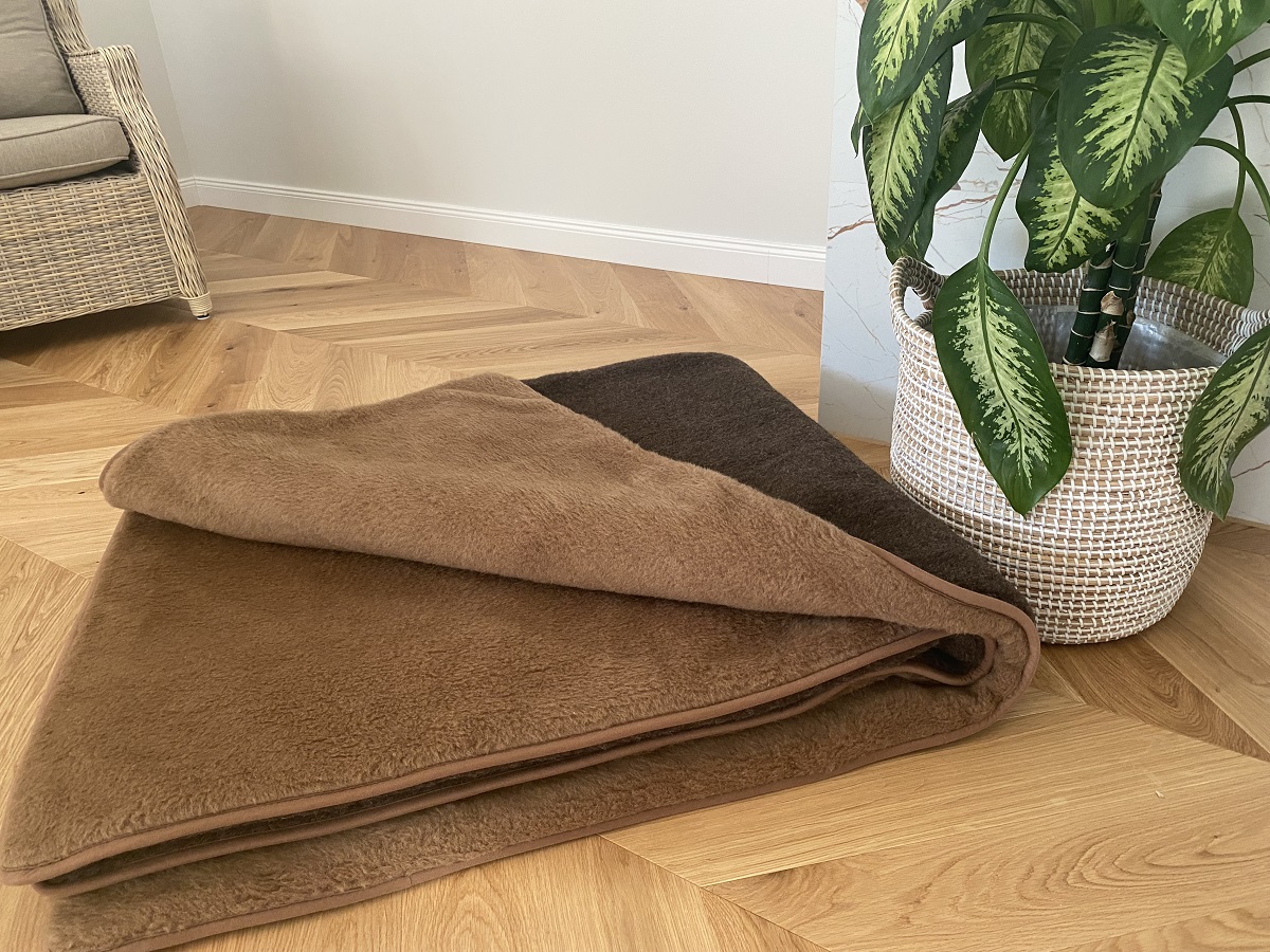 KOŁDRA Z WEŁNY MERYNOS SYBERIA DZIKI BRĄZ + CAMEL CIEMNY 200x200