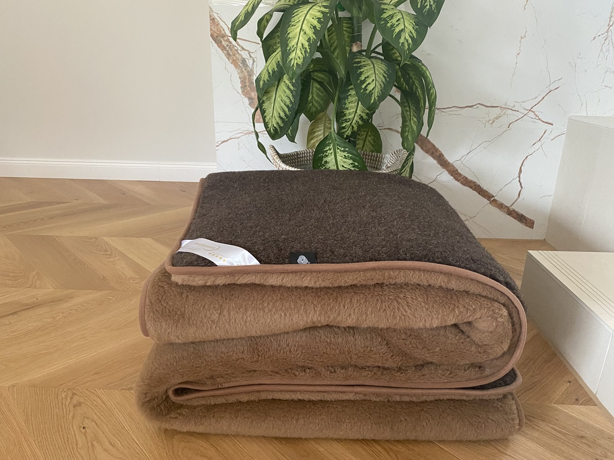 KOŁDRA Z WEŁNY MERYNOS SYBERIA DZIKI BRĄZ + CAMEL CIEMNY 200x200