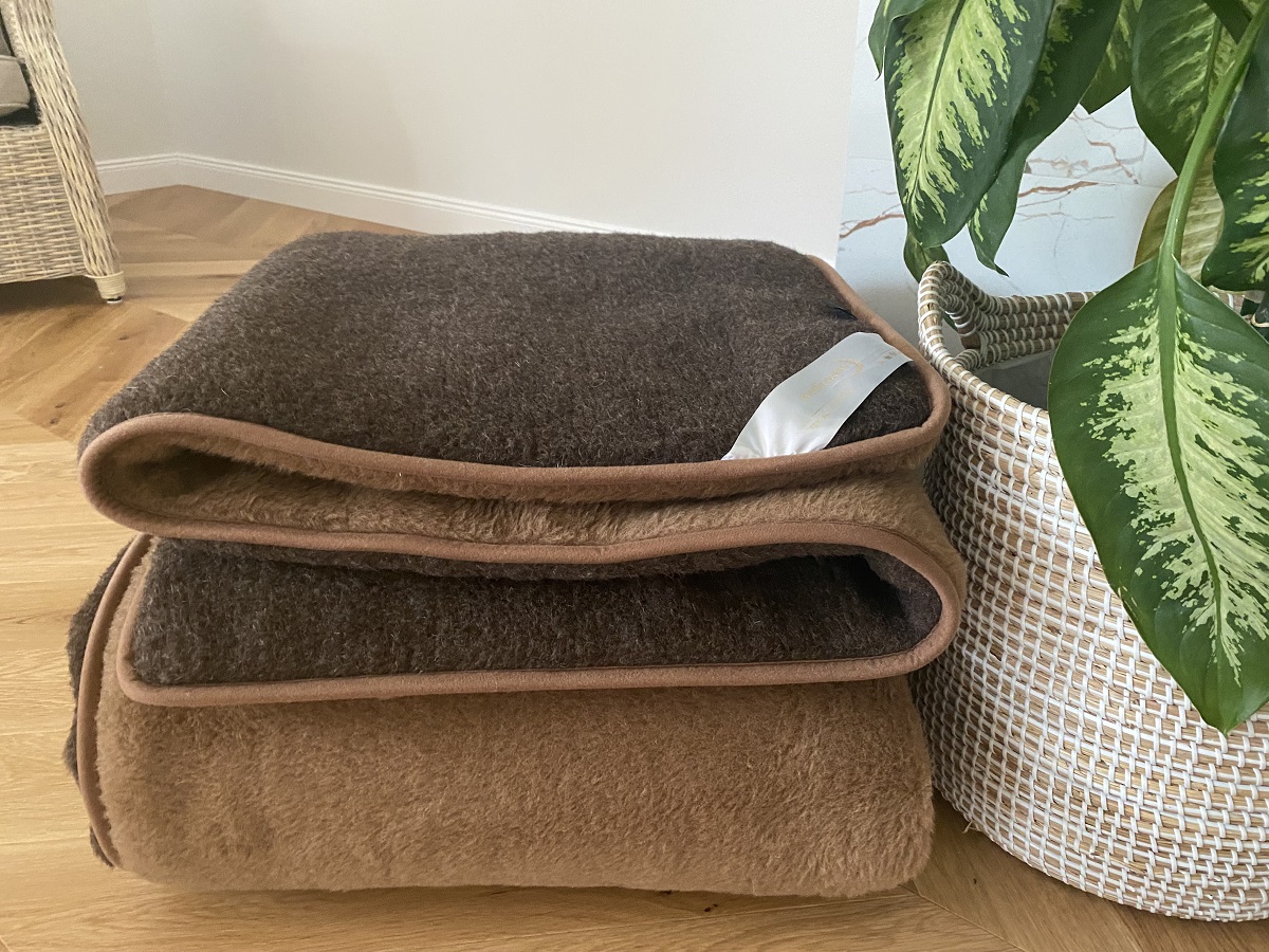 KOŁDRA Z WEŁNY MERYNOS SYBERIA DZIKI BRĄZ + CAMEL CIEMNY 200x200
