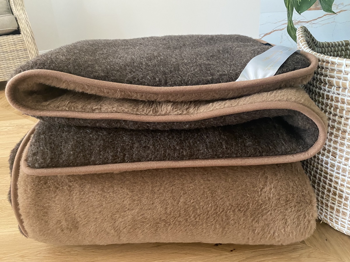 KOŁDRA Z WEŁNY MERYNOS SYBERIA DZIKI BRĄZ + CAMEL CIEMNY 200x200