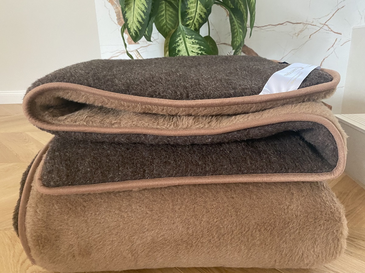 KOŁDRA Z WEŁNY MERYNOS SYBERIA DZIKI BRĄZ + CAMEL CIEMNY 200x200