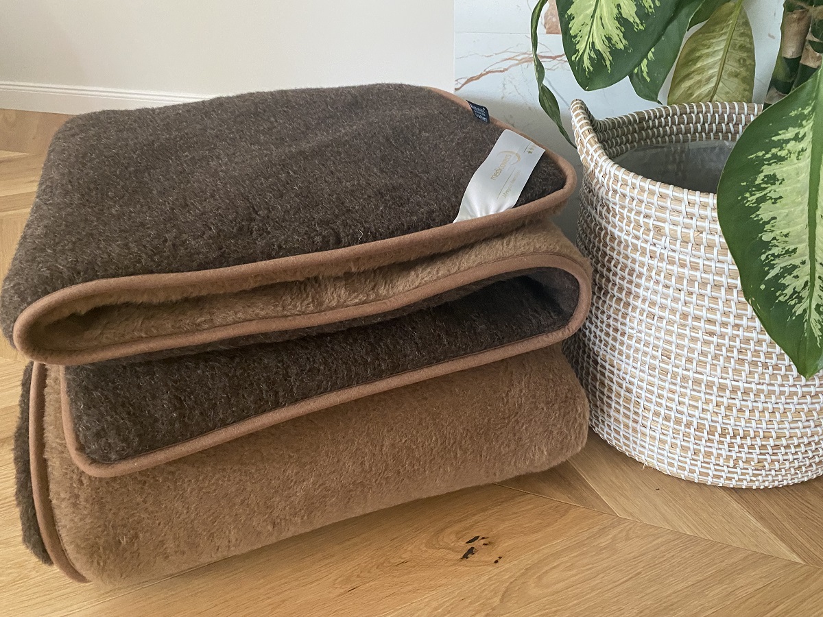 KOŁDRA Z WEŁNY MERYNOS SYBERIA DZIKI BRĄZ + CAMEL CIEMNY 200x200